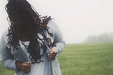 woman, wearing, gray, cardigan, people, dreadlocks, braid, nature, landscape, green, grass, field, women, outdoors, one Person, young Adult, females, holding, adult, casual clothing, day, standing, front view, focus on foreground, hairstyle, copy space, land, long hair, hair, 4K, CC0, public domain, royalty free