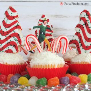Buddy the Elf Candy Cane Forest Cupcakes Sea Swirly Twirly Gumdrops, Elf movie food treat snack ideas, Christmas holiday movie night party ideas, Christmas movie for kids food party ideas, fun food for kids, sweet treats, Christmas cupcakes, Little Debbie Christmas tree cakes, candy cane dessert cupcake ideas, coconut cupcakes for Christmas