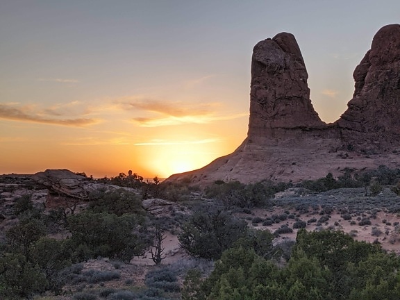 sunset, desert, megalith, geology, rocks, majestic, landscape, dawn, park, mountain