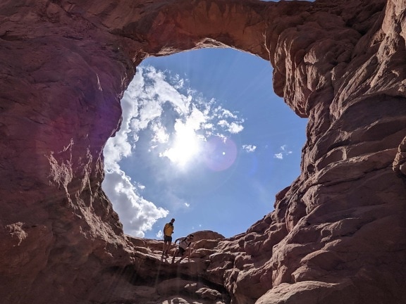 majestic, landscape, mountain climbing, rock climber, megalith, geology, formation, hole, sandstone, mountain