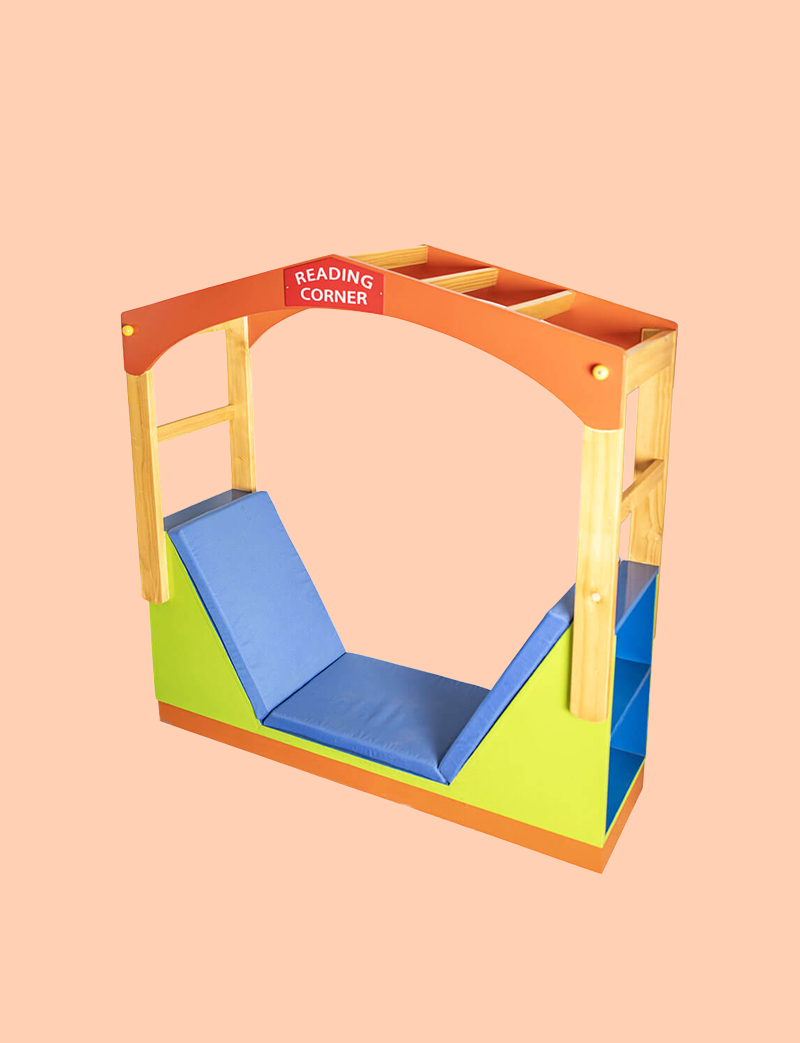 a colorful toy with a blue cushion