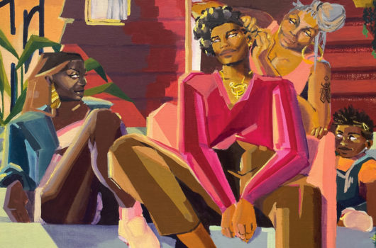 [Photo: An illustration of black trans individuals sitting on a porch. One person braids the hair of another.]