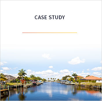 The words case study with an orange bar underneath. The background image is of a stream in Florida with a few clouds and blue skies with palm trees and buildings lining the stream