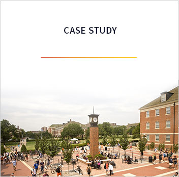 View of busy college campus with cloudy skies and the word Case Study above