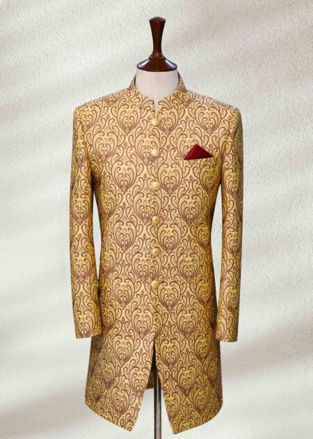 Golden Self Print Wedding Sherwani