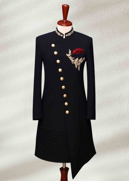 Angle Cut Black Wedding Sherwani