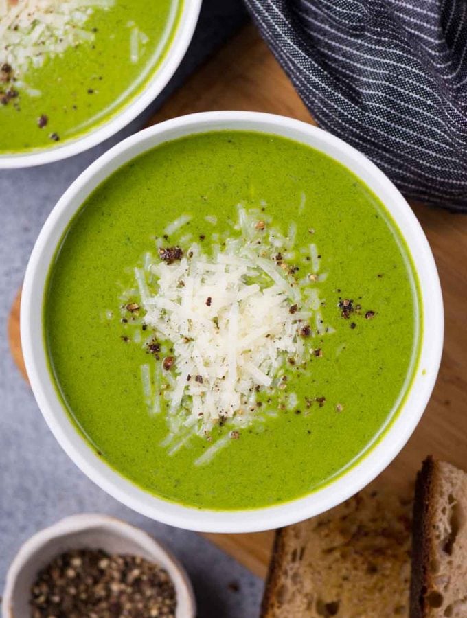 Luxuriously Creamy Spinach Soup is delicious and loaded with the goodness of spinach. There is only Spinach in here, thickened with cream cheese and it has a good dose of freshly cracked black pepper.