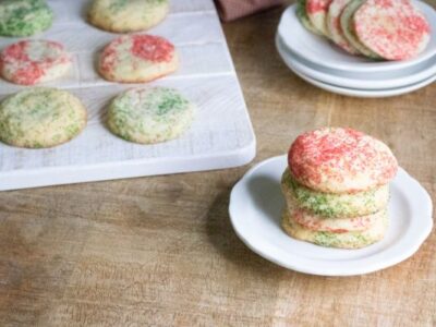 peppermint snickerdoodle cookies on a platter and on a plate