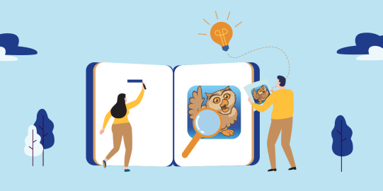 illustration avec un livre et deux personnes qui &eacute;tudient Proloquo2Go