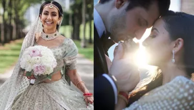 This NRI Bride Created A New Colour Trend By Donning A Tea-Green Sabyasachi Lehenga For Her Wedding