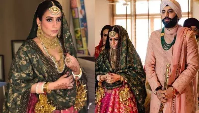 Sabyasachi Bride Glams Up Her Anand Karaj Wedding In A Bi-Coloured Benarasi Lehenga-Choli