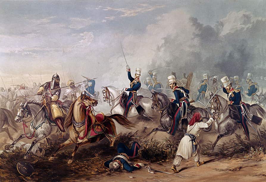 Captain Unett leading the &lsquo;Greys&rsquo; Squadron of the 3rd King&rsquo;s Own Light Dragoons at the Battle of Chillianwallah on 13th January 1849 during the Second Sikh War