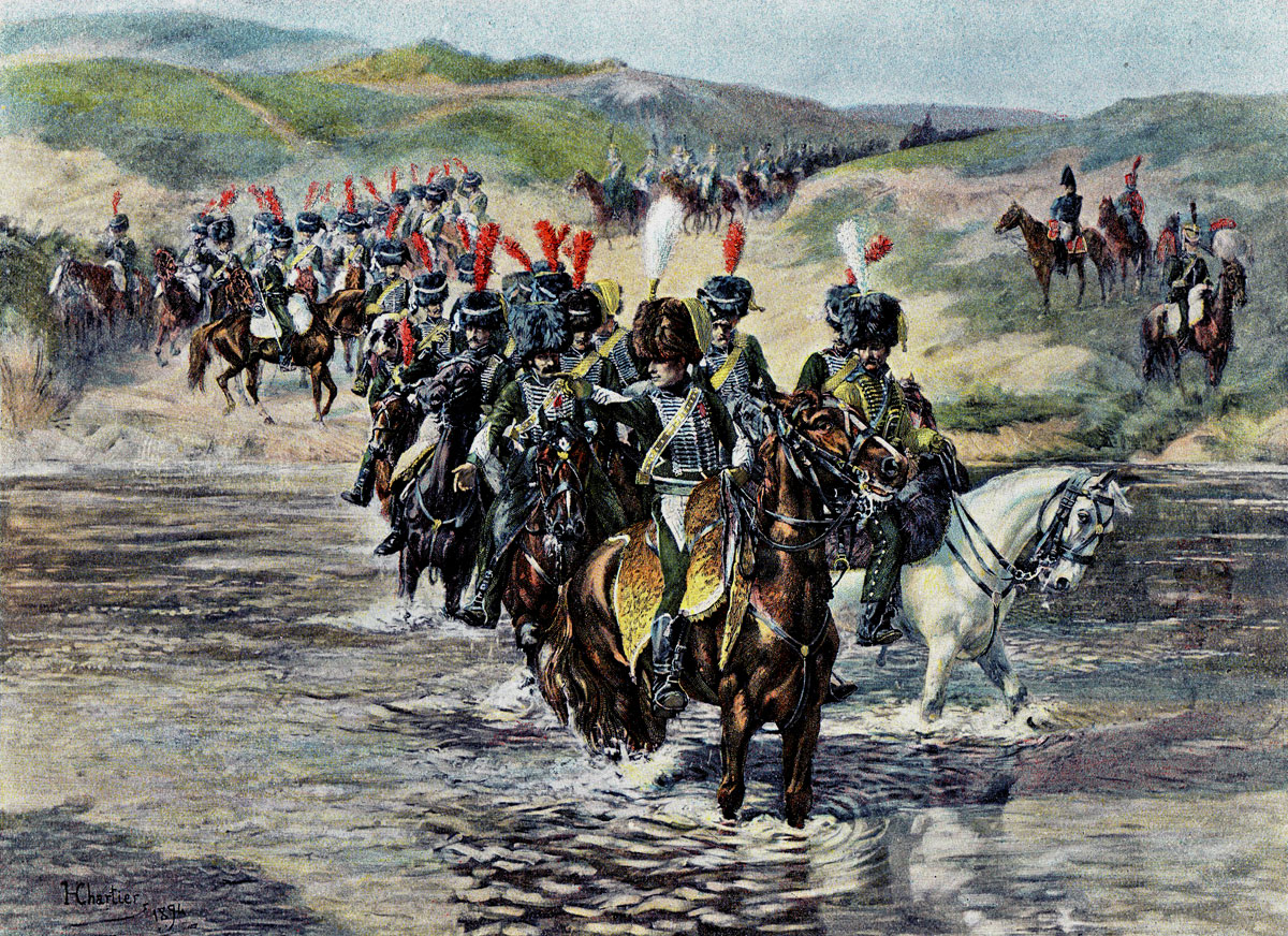 Chasseurs &agrave; Cheval of the Imperial Guard crossing the River Esla at Castro-Gonzalo in the Battle of Benevente on 29th December 1808 in the Peninsular War