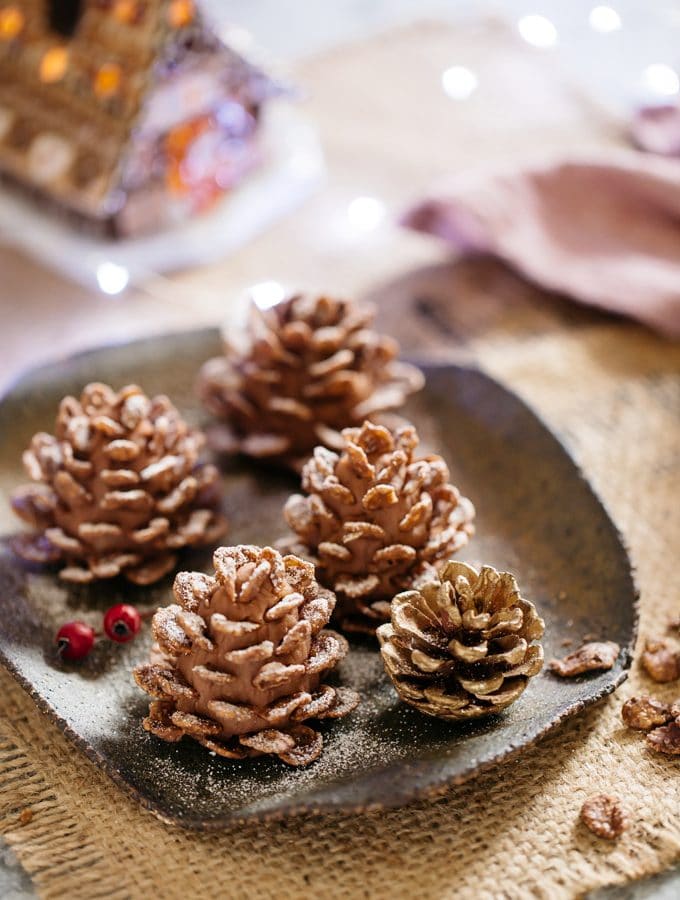 4 edible pine cones and a real pine cone served on a square plate