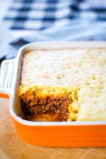 jiffy cornbread casserole with hamburger in baking pan