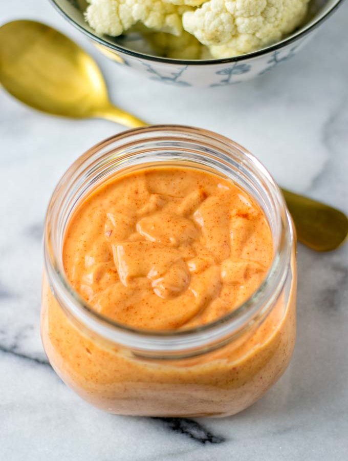 Jar of the ready vegan Bang Bang Sauce,