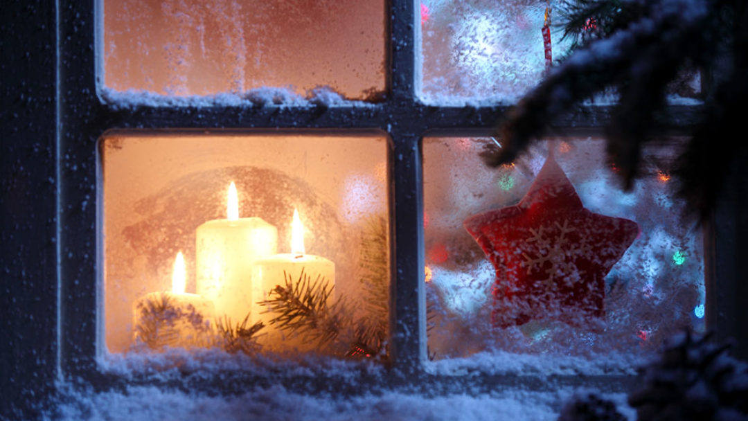 Frosted window with Christmas decoration