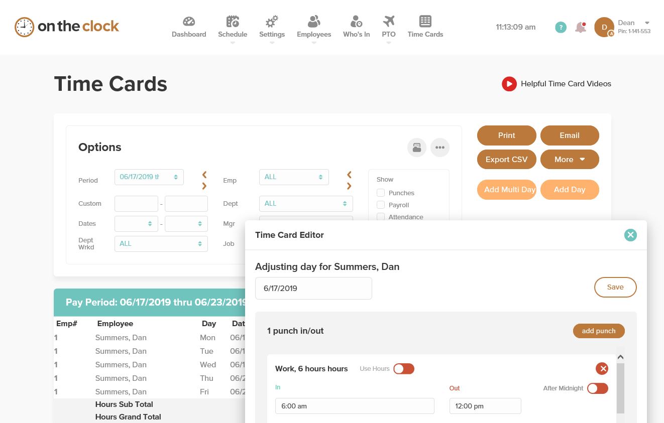 timecard page