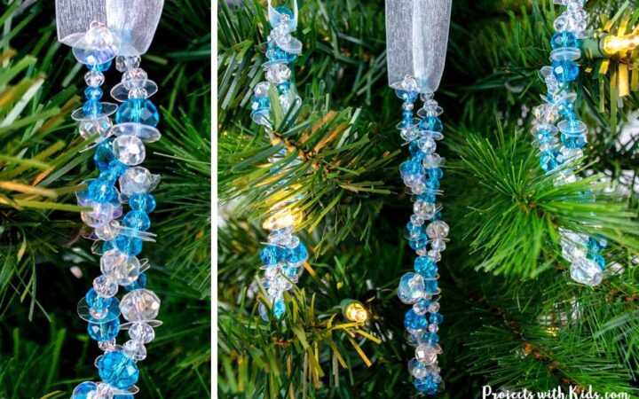 Beaded icicle ornaments Christmas craft for kids to make.