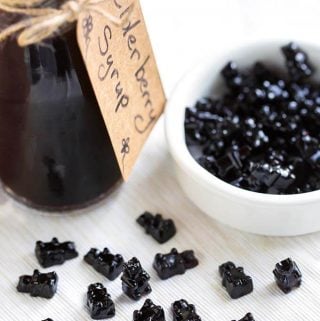 Elderberry Syrup Gummies are a tasty and sweet way to get a dose of Elderberry Syrup. Elderberry Syrup is believed to be a great antioxidant, and a natural remedy for warding off colds and the flu! Elderberry Syrup Gummies have ingredients to enhance the flavor, and they also have potential health benefits. Kids like gummies! simplyhappyfoodie.com #elderberrysyrupgummies #elderberrysyrupgummybears