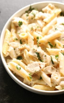 dish of chicken Alfredo pasta with homemade Alfredo sauce
