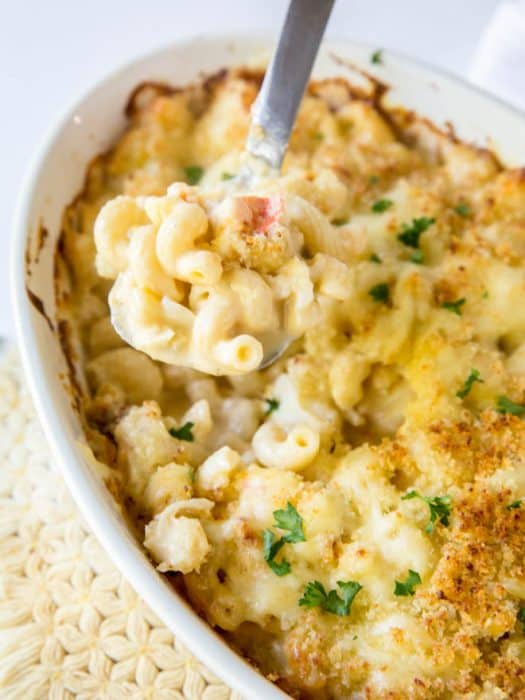 homemade baked lobster mac and cheese in a casserole dish