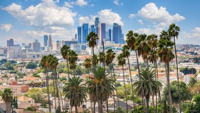 Beautiful Cloudy Day Of Los Angeles Downtown Skyline And Palm Tr