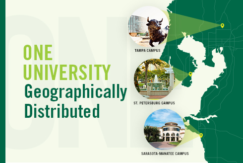 One University Geographically Distributed. Tampa, St. Petersburg, and Sarasota-Manatee Campuses indicated on a map of Florida.