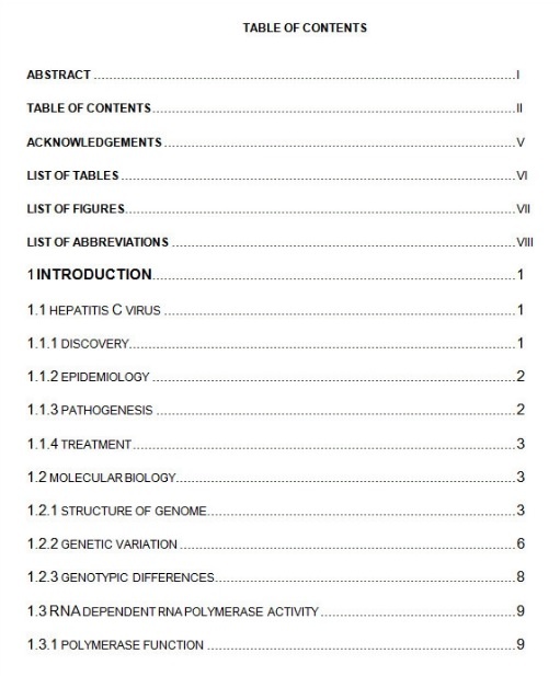 Table of Contents Template Word