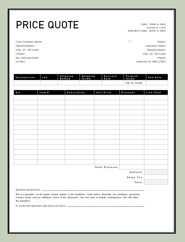 Price Quote Template Word