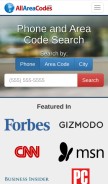 How allareacodes.com looks like on a mobile device such as an iPhone.