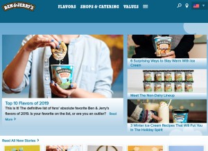 How benjerry.com looks like on a tablet such as an iPad.
