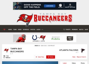 How buccaneers.com looks like on a tablet such as an iPad.