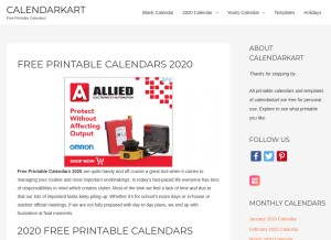 How calendarkart.com looks like on a tablet such as an iPad.