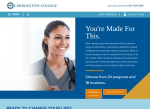 How carrington.edu looks like on a tablet such as an iPad.