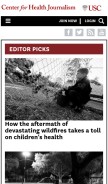 How centerforhealthjournalism.org looks like on a mobile device such as an iPhone.