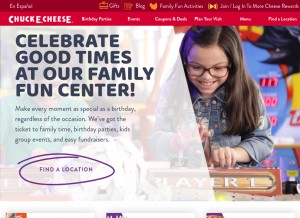 How chuckecheese.com looks like on a tablet such as an iPad.