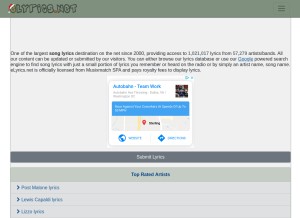 How elyrics.net looks like on a tablet such as an iPad.