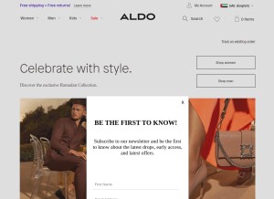How en.aldoshoes.ae looks like on a tablet such as an iPad.