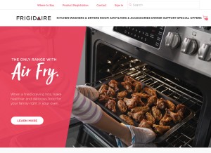How frigidaire.com looks like on a tablet such as an iPad.