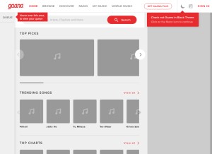How gaana.com looks like on a tablet such as an iPad.