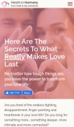 How heartsintrueharmony.com looks like on a mobile device such as an iPhone.