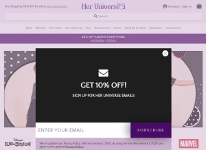 How heruniverse.com looks like on a tablet such as an iPad.