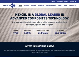 How hexcel.com looks like on a tablet such as an iPad.