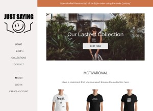 How justsayingclothing.com looks like on a tablet such as an iPad.