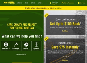 How justtires.com looks like on a tablet such as an iPad.