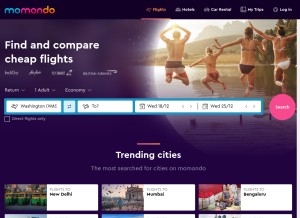 How momondo.in looks like on a tablet such as an iPad.