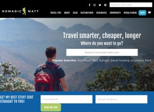 How nomadicmatt.com looks like on a tablet such as an iPad.