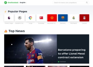 How onefootball.com looks like on a tablet such as an iPad.