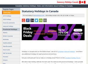 How statutoryholidays.com looks like on a tablet such as an iPad.